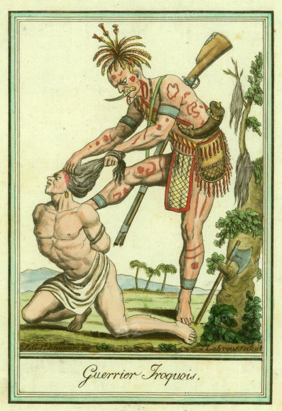 Guerrier Iroquois, An Indian or Iroquois man scalps another. Cultural artefacts include tattoos, scalps on a tree, powder horn, musket or rifle, feathered headdress, knife, hatchet or tomahawk, ornaments and beaded pouch with bandolier, Historic, digitally restored reproduction of an original of the period