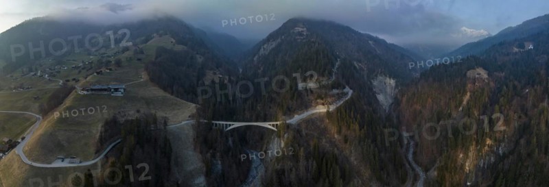 Salginatobel Bridge, educational object 1930s reinforced concrete bridge, engineering milestone ASCE, UNESCO World Heritage waiting list, drone image, Schiers Schuders, Praettigau, Graubuenden, Switzerland, Europe