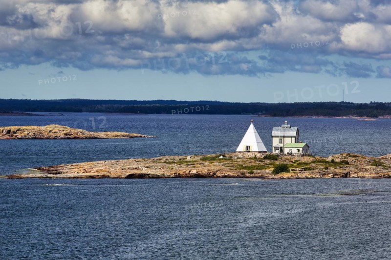 Old pilot station Kobba Klintar with museum, cafe and exhibition building in the shape of a pyramid, small island in the archipelago, harbour entrance Mariehamn, Aland Islands, Gulf of Bothnia, Baltic Sea, Finland, Europe