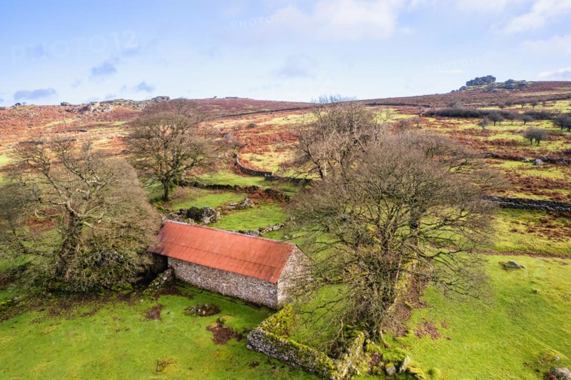 View over Emsworthy Mire from a drone, Haytor Rocks, Dartmoor National Park, Devon, England, UK