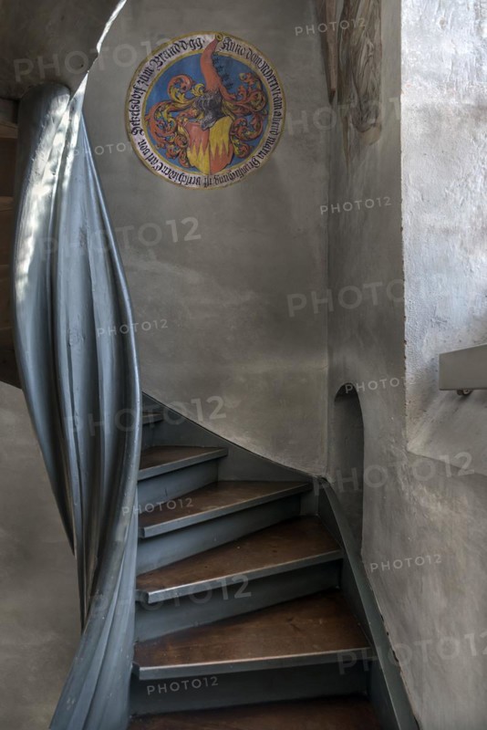Necrological shield with coat of arms of the Franconian noble family Hetzelsdorf from the 14th and 15th century, in the staircase in the St. Egidien church, Beerbach, Middle Franconia, Bavaria, Germany, Europe