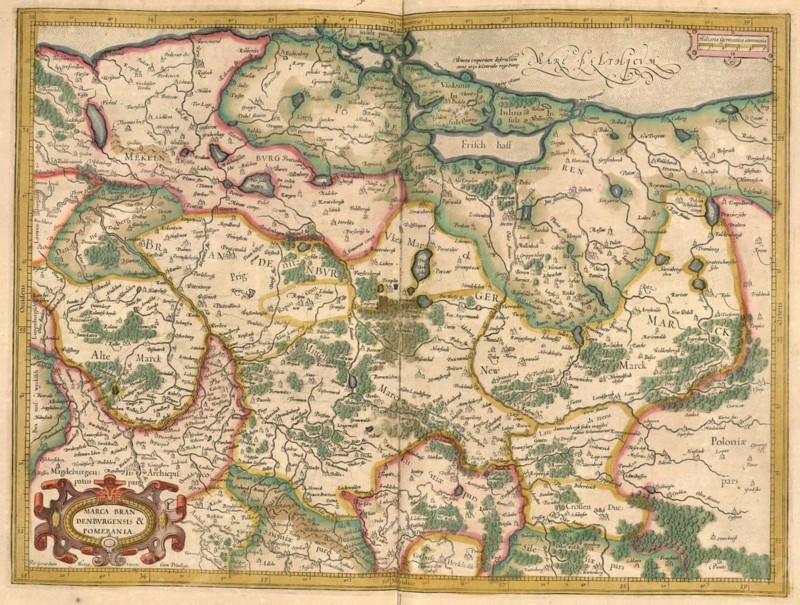 Atlas, map from 1623, Mark Brandenburg, Pomerania, Germany, digitally restored reproduction from an engraving by Gerhard Mercator, born as Gheert Cremer, 5 March 1512, 2 December 1594, geographer and cartographer, Europe