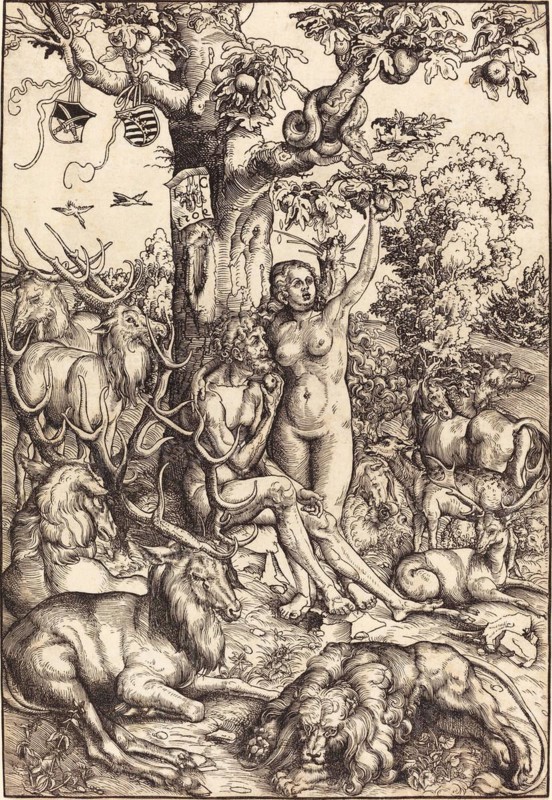 Adam and Eve in Paradise, painting by Lucas Cranach the Elder, 4 October 1472, 16 October 1553, one of the most important German painters, graphic artists and book printers of the Renaissance, Historical, digitally restored reproduction of a historical original