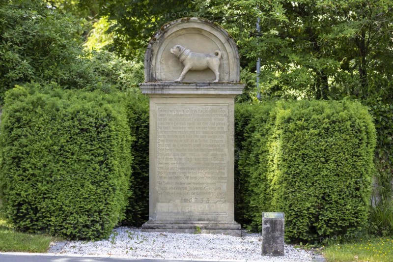 Pug monument erected in the park of the Centre for Psychiatry in front of Winnental Castle. A pug carved in stone commemorates the dog of Duke Karl Alexander, Winnenden, Baden-Wuerttemberg, Germany, Europe