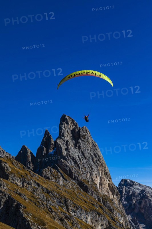 Paragliding tandem flight to the Geisler Group, Val Gardena, Dolomites, South Tyrol, Italy, Europe