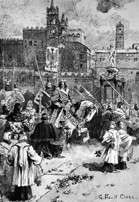 Henry VI, November 1165, 28 September 1197, member of the Hohenstaufen dynasty, was German King of the Romans from 1190 and Holy Roman Emperor from 1191 until his death, Entry into Palermo, Historical, digitally restored reproduction from a 19th century original