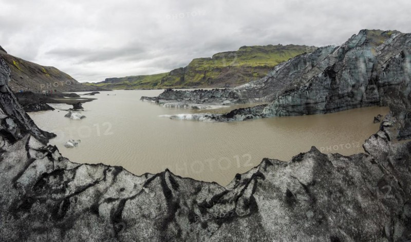 Glacier, glacier lagoon, Solheimajoekull, Solheimajoekull, glacier tongue of Myrdalsjoekull with inclusion of volcanic ash, near Ring Road, Suourland, South Iceland, Iceland, Europe