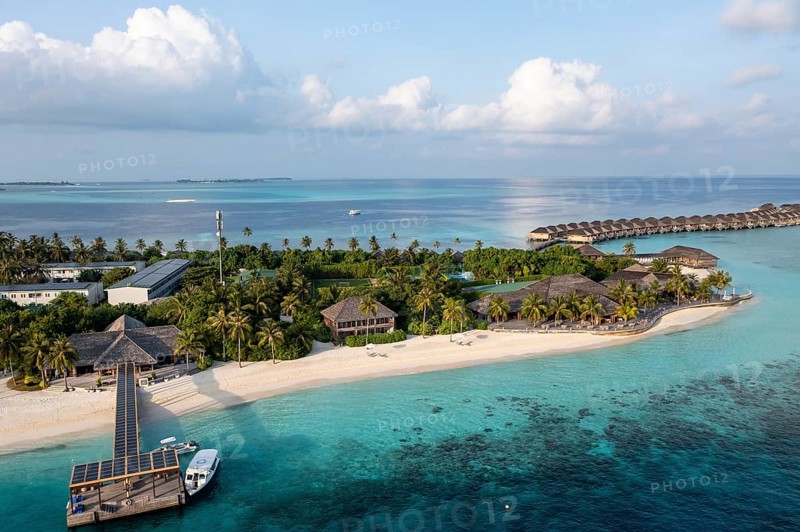 Aerial view, Hurawalhi Island resort with beaches and water bungalows, North Male Atoll, Maldives, Indian Ocean, Asia