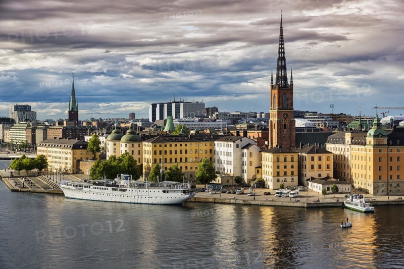 View from the viewpoint Monteliusvaegen to the island Riddarholmen, old town Gamla Stan, evening light, Stockholm, Maelaren, Sweden, Europe