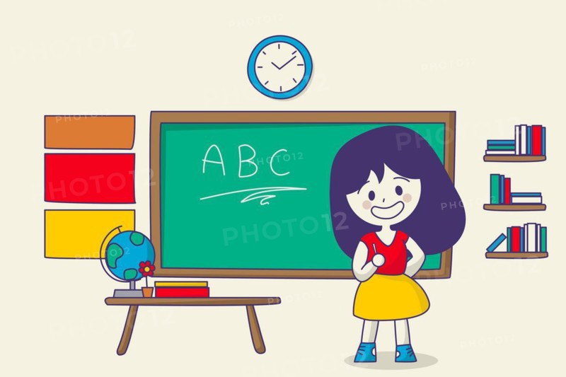 Teacher teaching ABC in classroom, vector cartoon