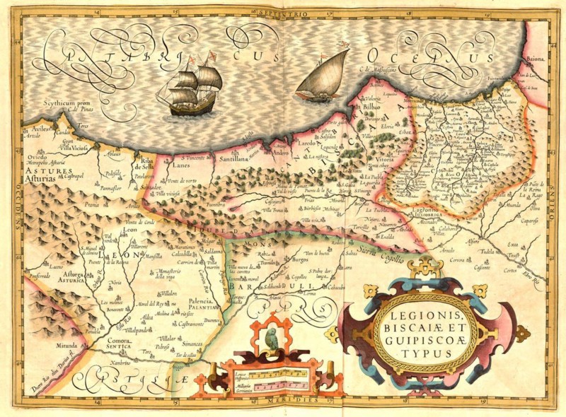 Atlas, map from 1623, Legionis Biscaiae et Guipiscoae, North of Spain, digitally restored reproduction from an engraving by Gerhard Mercator, born as Gheert Cremer, 5 March 1512, 2 December 1594, geographer and cartographer
