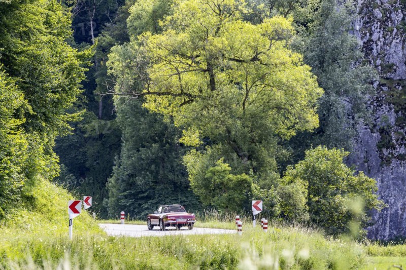 The Lauter Valley in the Swabian Alb is a popular excursion route for classic cars, Muensingen, Baden-Wuerttemberg, Germany, Europe