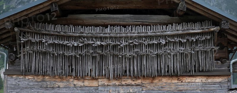 Huinzen, hay rack on an old farmhouse, Riezlern in Kleinwalsertal, Austria, Europe
