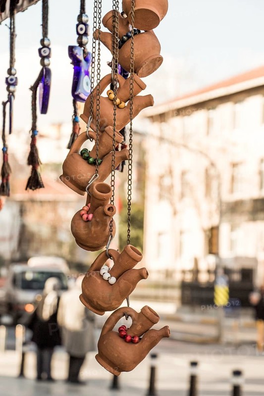 Traditional clay pottery in the market for sale in Istanbul in Turkey