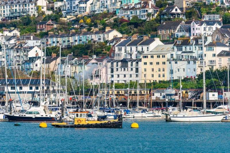 Steam Train and Boats over River Dart, Kingswear from Dartmouth, Devon, England, United Kingdom, Europe