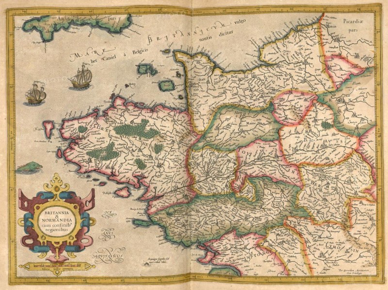 Atlas, map from 1623, Brittany and Normandy, France, digitally restored reproduction from an engraving by Gerhard Mercator, born as Gheert Cremer, 5 March 1512, 2 December 1594, geographer and cartographer, Europe