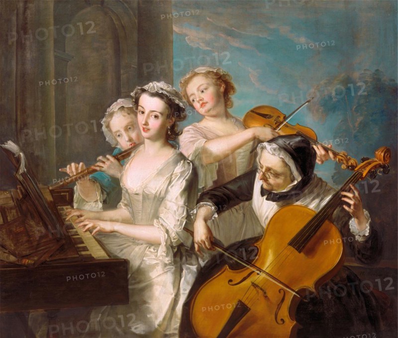 The Sense of Hearing, hearing, group of four woman with musical instruments, making music, painting by Philippe Mercier