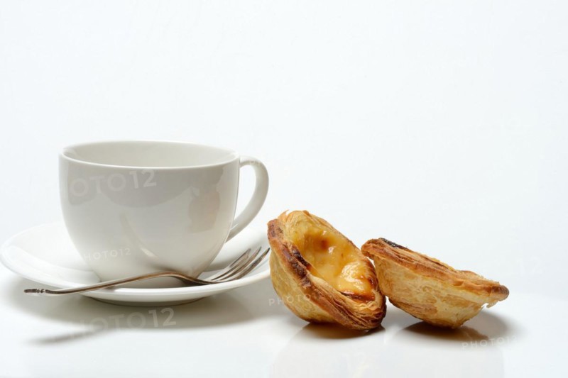 Pastel de Nata, Pasteis de Nata with coffee cup, custard tart, Portuguese speciality