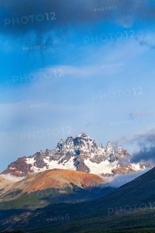Snow-covered Cerro Castillo mountain massif, Cerro Castillo National Park, Aysen, Patagonia, Chile, South America