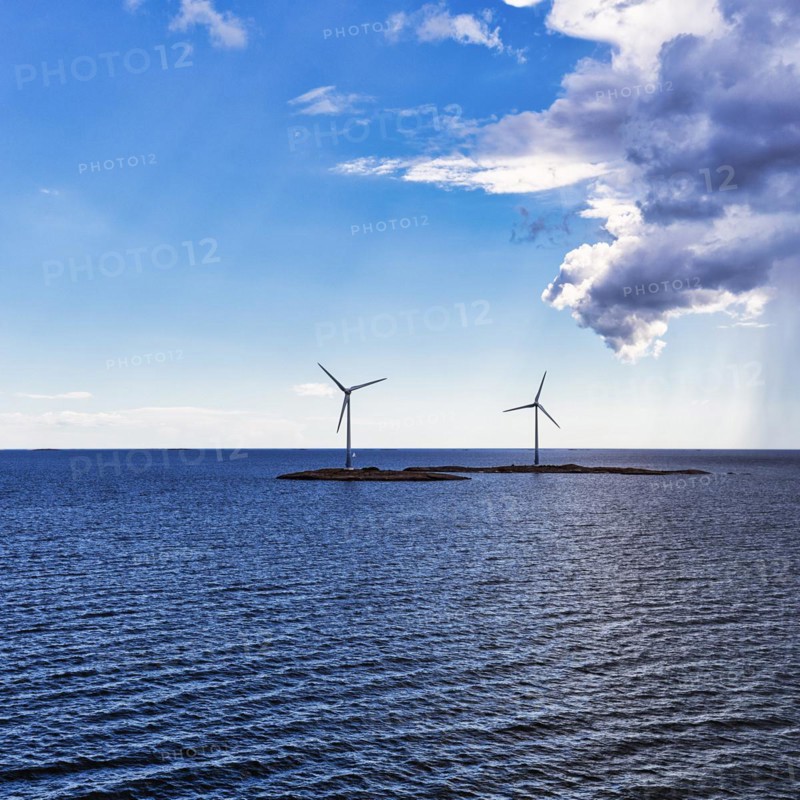 Two wind turbines on small islands, wind turbine, wind farm in the archipelago, Smart Energy Aland project, backlight, Mariehamn, Aland Islands, Gulf of Bothnia, Baltic Sea, Finland, Europe