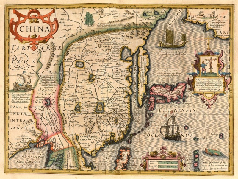 Atlas, map from 1623, China, digitally restored reproduction from an engraving by Gerhard Mercator, born as Gheert Cremer, 5 March 1512, 2 December 1594, geographer and cartographer, Asia