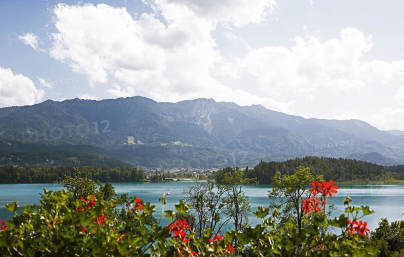 Schwarzkogel mountain and Faaker See lake, Villach and Finkenstein municipalities, Carinthia, Austria, Europe