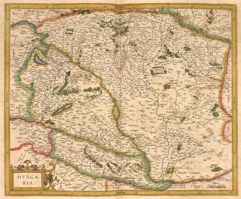Atlas, map from 1623, Hungary, digitally restored reproduction from an engraving by Gerhard Mercator, born as Gheert Cremer, 5 March 1512, 2 December 1594, geographer and cartographer, Europe