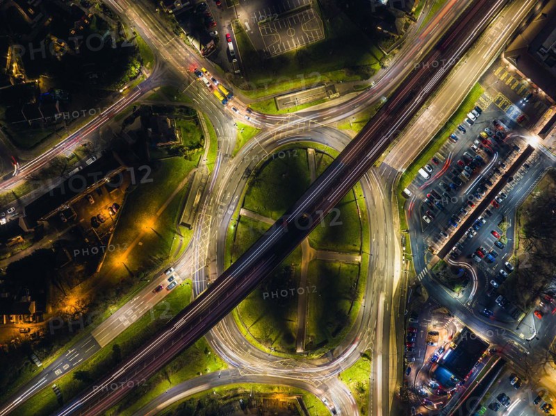 Night Top Down over Penn Inn Flyover and Roundabout from a drone Newton Abbot, Devon, England, United Kingdom, Europe