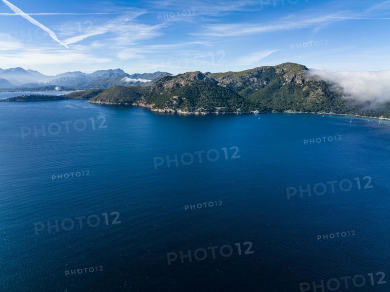 Aerial view, Spain, Balearic Islands, Port de Pollenca, Formentor Peninsula with Formentor Beach, Hotel Royal Hideaway Formentor formerly Hotel Formentor, Cala Pi de la Posada, Illa del Geret, Europe