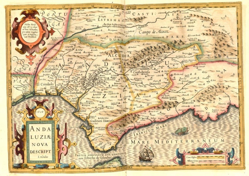 Atlas, map from 1623, Andalusia, Spain, digitally restored reproduction from an engraving by Gerhard Mercator, born as Gheert Cremer, 5 March 1512, 2 December 1594, geographer and cartographer, Europe
