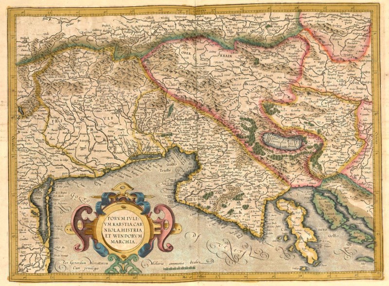 Atlas, map from 1623, Gulf of Trieste, Italy, Istria, digitally restored reproduction from an engraving by Gerhard Mercator, born as Gheert Cremer, 5 March 1512, 2 December 1594, geographer and cartographer, Europe