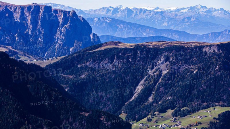 Mountains of the Dolomites, above Ortisei, view from the Seceda peak, Val Gardena, Dolomites, South Tyrol, Italy, Europe