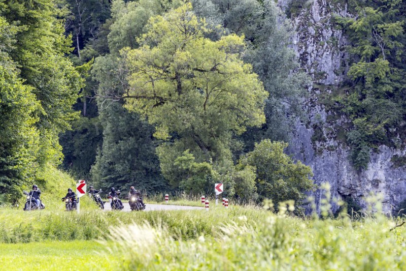 The Lauter Valley in the Swabian Alb is a popular route for motorcyclists, Muensingen, Baden-Wuerttemberg, Germany, Europe