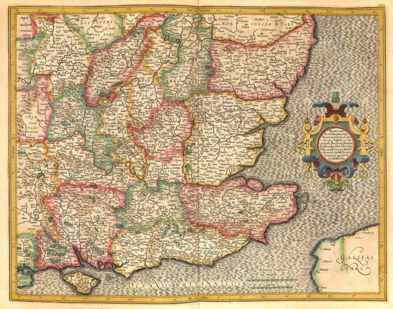 Atlas, map from 1623, the southeast of England, digitally restored reproduction from an engraving by Gerhard Mercator, born as Gheert Cremer, 5 March 1512, 2 December 1594, geographer and cartographer