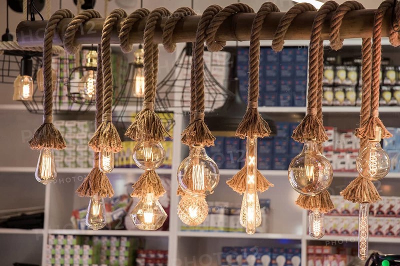 Decorative antique edison style filament light bulbs hanging