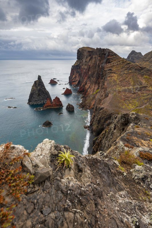 Coastal landscape, cliffs and sea, Miradouro da Ponta do Rosto, rugged coast with rock formations, Cape Ponta de Sao Lourenco, Madeira, Portugal, Europe