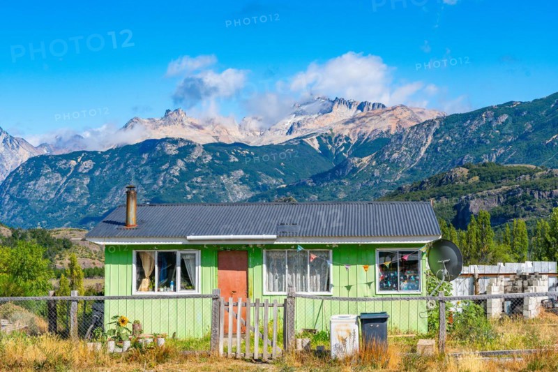 Green home in the village of Villa Cerro Castillo, Cerro Castillo National Park, Aysen, Patagonia, Chile, South America