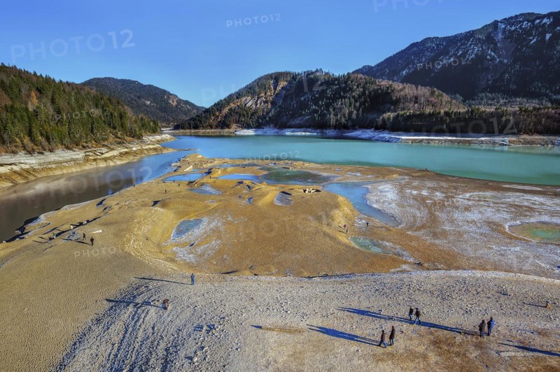 Sylvenstein reservoir, partially drained with foundation walls of old buildings, Bavaria, Germany, Europe