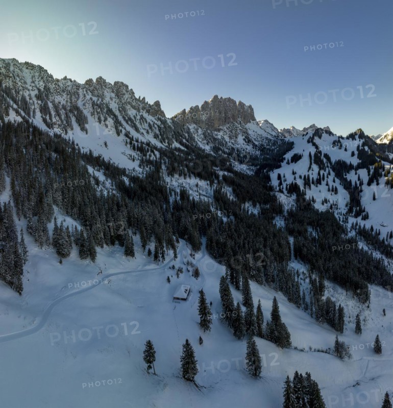 Gastlosen and Marchzaehne, winter hiking trail below, drone image, Jaun, Fribourg, Switzerland, Europe