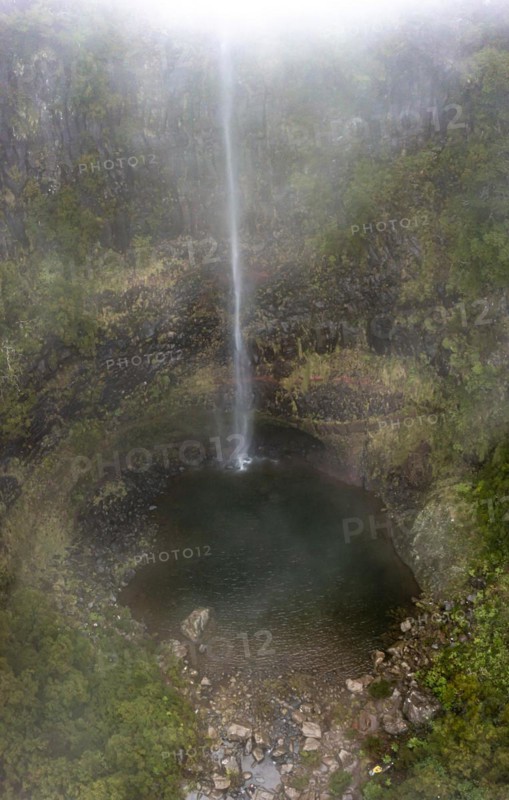 Aerial view, Lagoa do Vento with Upper Risco waterfall, forest and fog, Rabacal, Madeira, Portugal, Europe