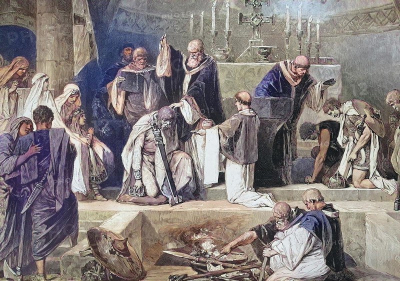 Clovis was the first king of the Franks, here the Baptism of Clovis, Historical, digitally restored reproduction of an original from the 19th century, exact date unknown
