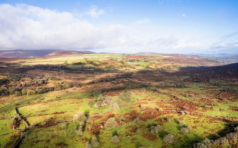View over Emsworthy Mire from a drone, Haytor Rocks, Dartmoor National Park, Devon, England, UK