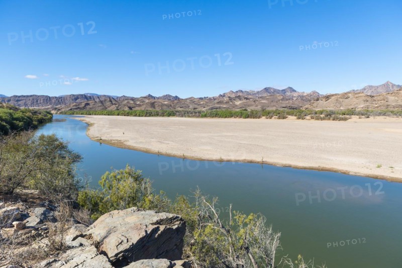 Orange River, also known as the Orange River, on the border between Namibia and South Africa, Oranjemund, Sperrgebiet National Park, also known as Tsau ÇKhaeb National Park, Namibia, Africa