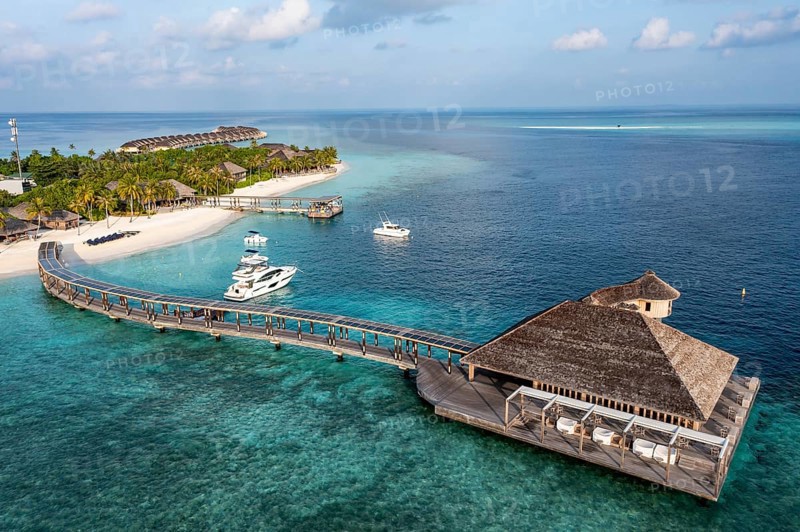 Aerial view, Hurawalhi Island resort with beaches and water bungalows, North Male Atoll, Maldives, Indian Ocean, Asia