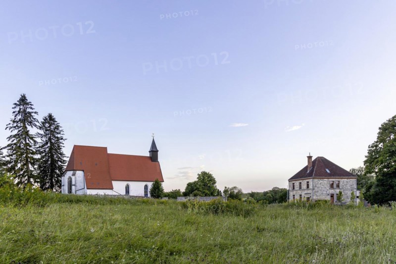 Gruorn, deserted village in the Swabian Alb with St. Stephens Church, the village was abandoned for the former military training area Muensingen, Baden-Wuerttemberg, Germany, Europe