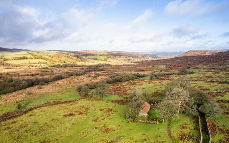 View over Emsworthy Mire from a drone, Haytor Rocks, Dartmoor National Park, Devon, England, UK