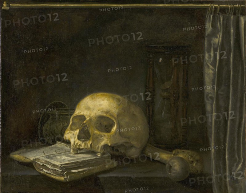 Vanitas Still Life with a Skull on a Book, Historical, digitally restored reproduction of a historical work of art