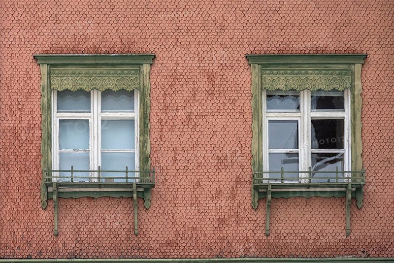 Historic house facade with windows and wooden shingles, Bad Hindelang, Allgaeu, Bavaria, Germany, Europe