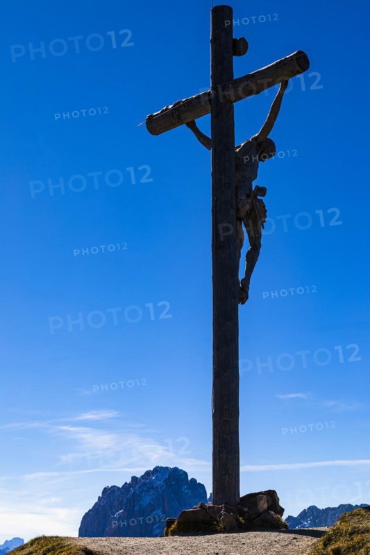 Carved summit cross on the Seceda peak, Val Gardena, Dolomites, South Tyrol, Italy, Europe
