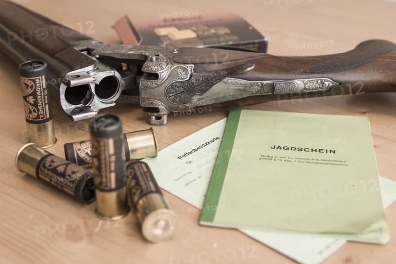 Decorated hunting weapons with ammunition, hunting license and gun ownership card and, Hesse, Germany, Europe